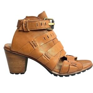 Sorel Nadia Camel Brown Leather Heeled‎ Gladiator Sandals 10 Strappy Buckle